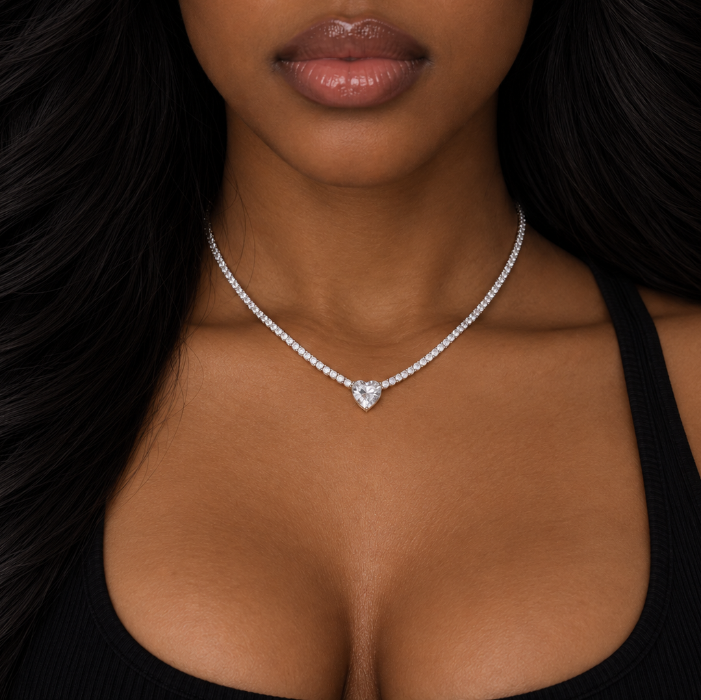 Micro Heart Tennis Necklace - White Gold