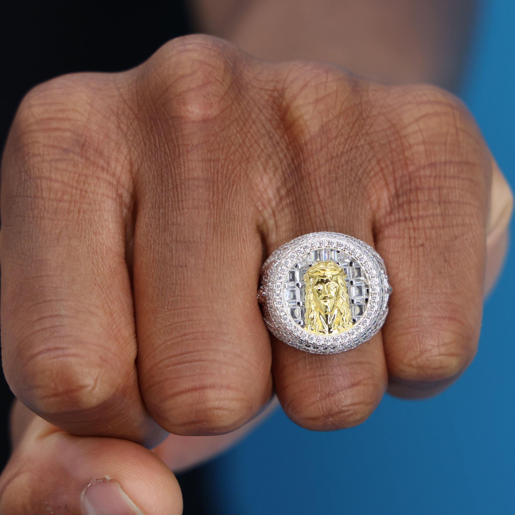 Iced Out Baguette Jesus Head Ring - 925 Silver