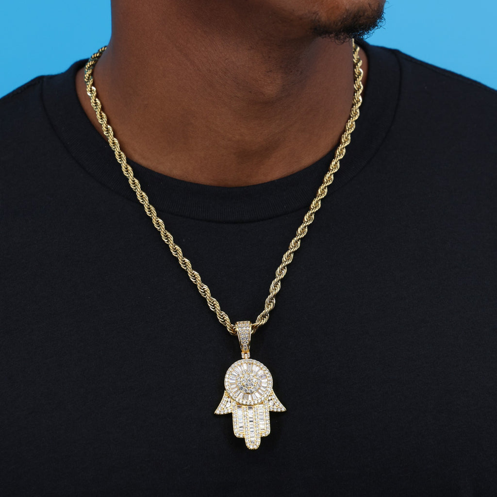 Large Fully Iced out Baguette Hamsah Pendant - Gold