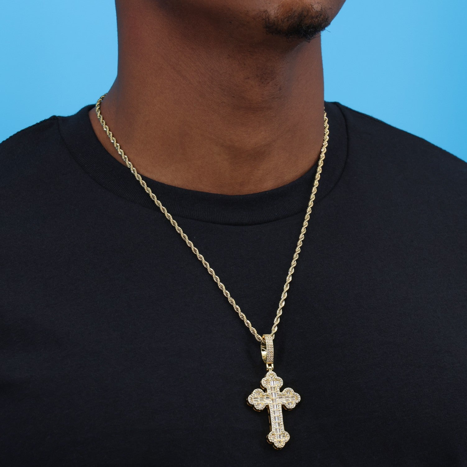 Iced Baguette Budded Cross Pendant - Gold
