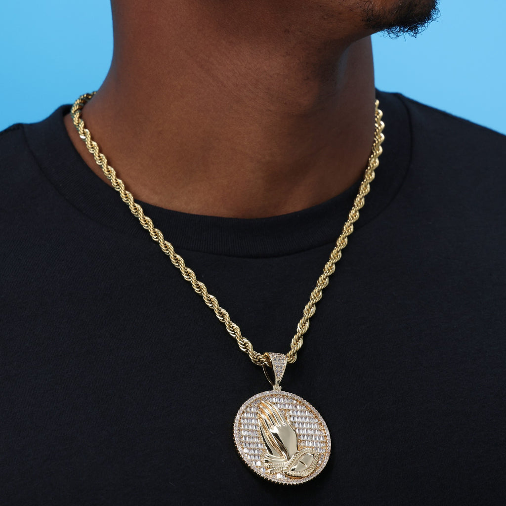 Iced Out Praying Hands Medallion Pendant - Gold
