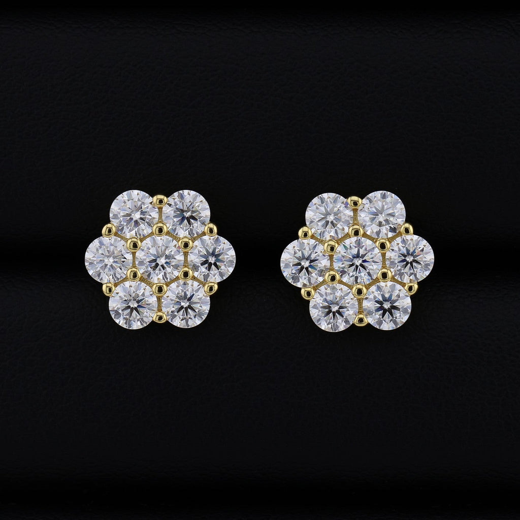 12mm Iced out Moissanite Flower Stud Earrings - Gold over 925 Silver