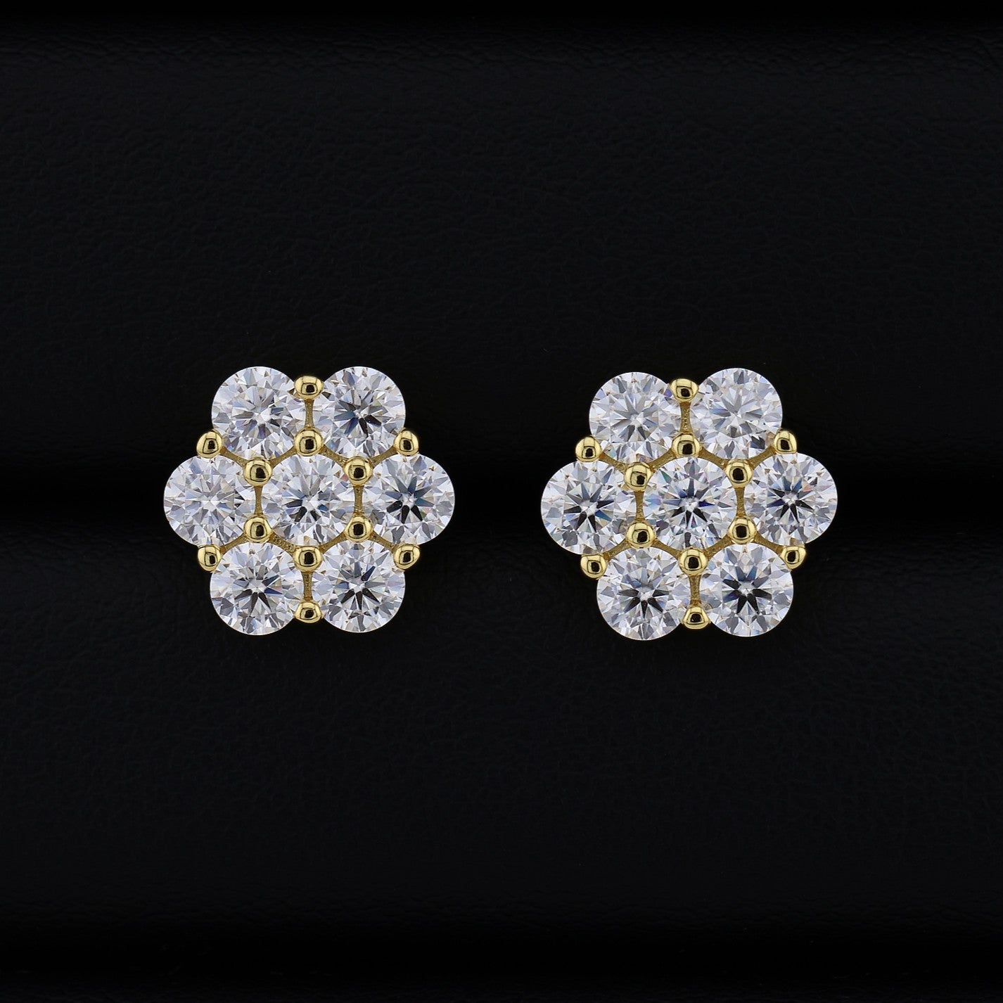 12mm Iced out Moissanite Flower Stud Earrings - Gold over 925 Silver