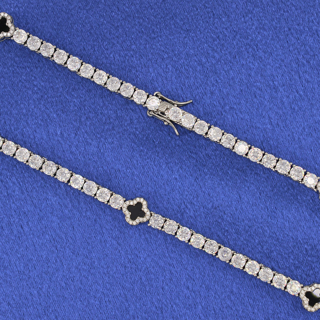 4mm Black Clover Tennis Chain - White Gold