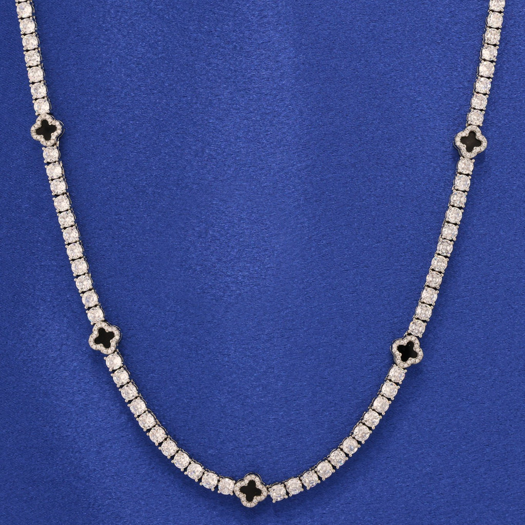 4mm Black Clover Tennis Necklace - White Gold