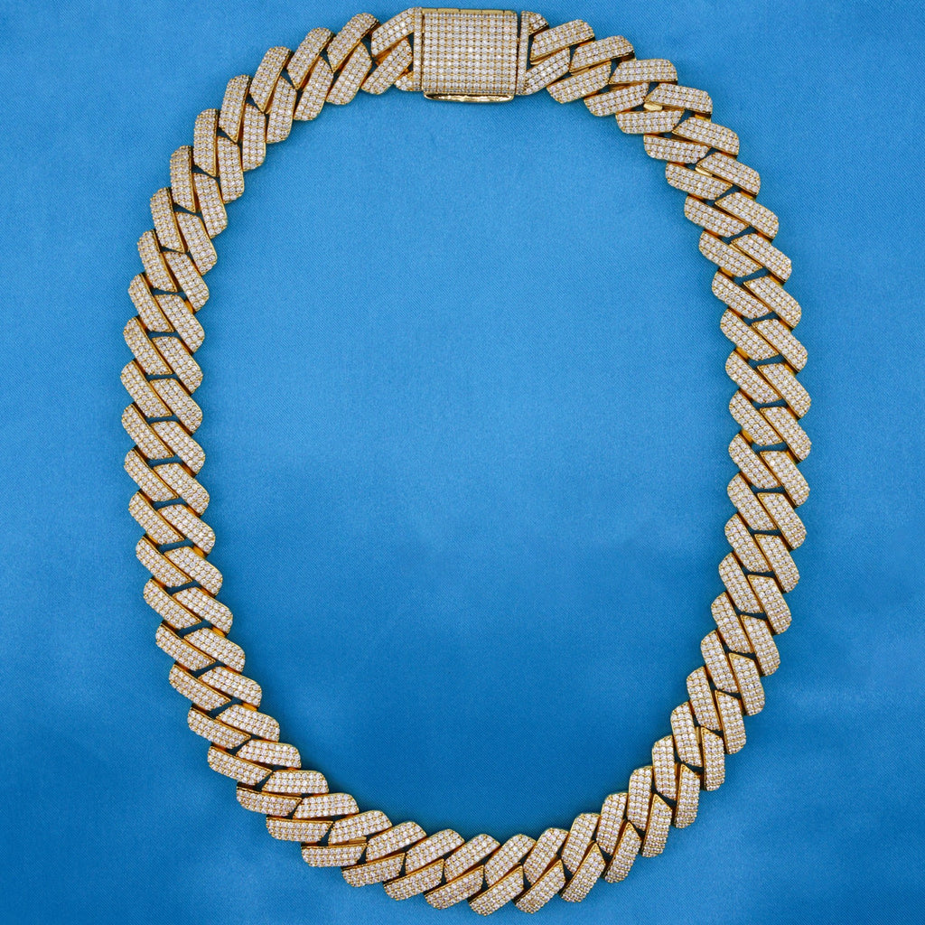 19mm Moissanite Prong Link Cuban Chain - Gold over 925 Silver