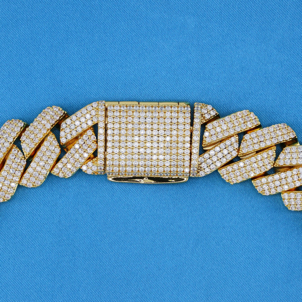 19mm Moissanite Prong Link Cuban Chain - Gold over 925 Silver