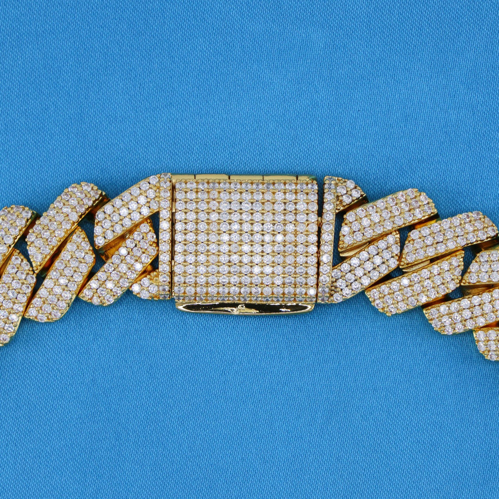 19mm Moissanite Prong Link Cuban Chain - Gold over 925 Silver