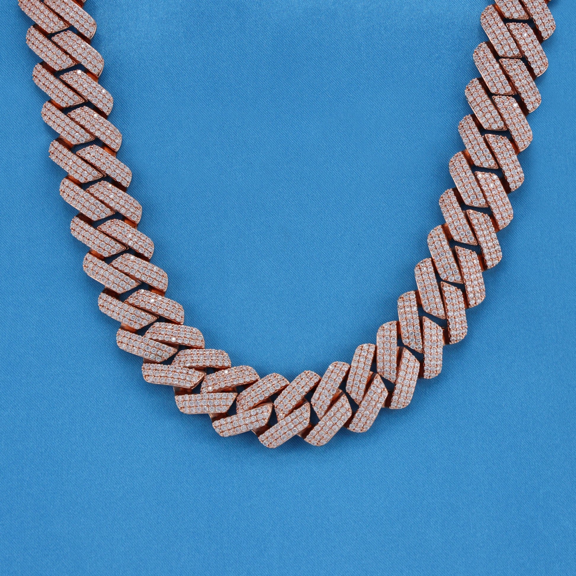 19mm Moissanite Prong Link Cuban Chain - Rose Gold over 925 Silver