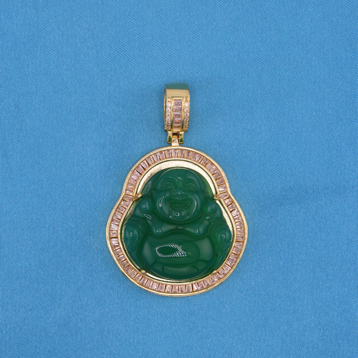Green Buddha Baguette Pendant - Gold