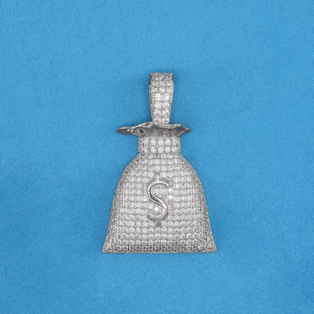Iced Out Money Bag Pendant - White Gold
