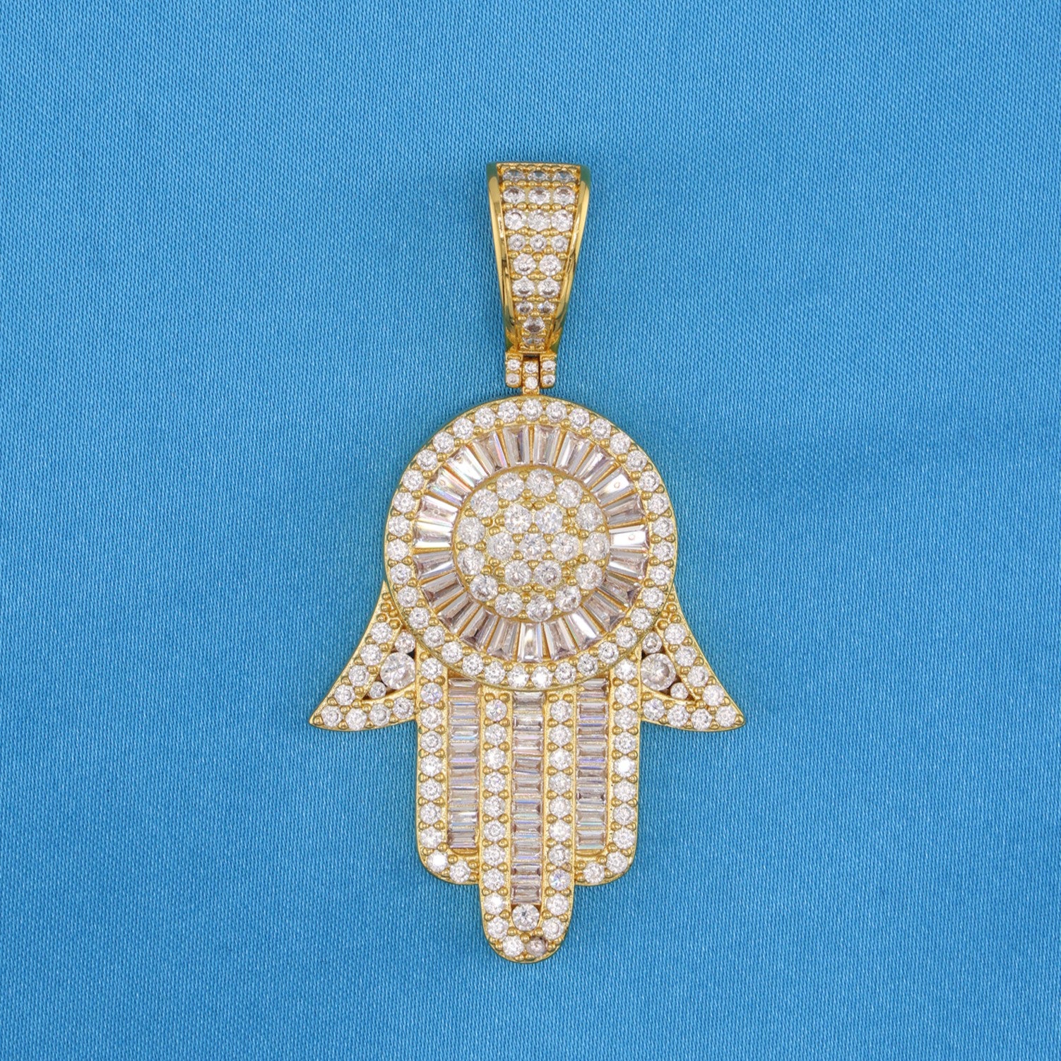Large Fully Iced out Baguette Hamsah Pendant - Gold