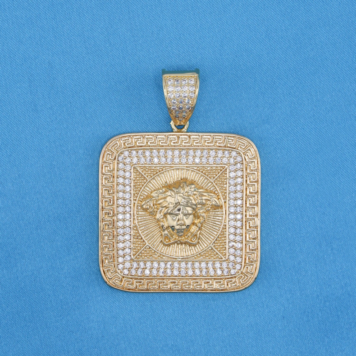 Iced Medusa Square Greek Pendant - Gold