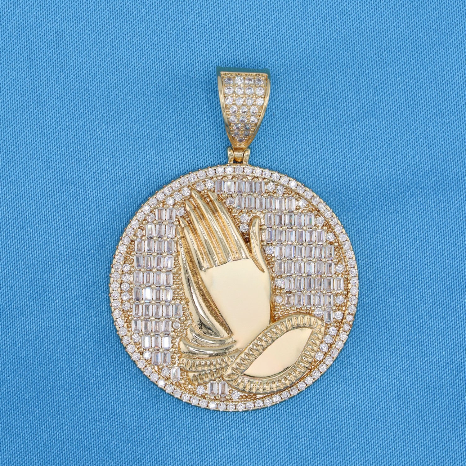 Iced Out Praying Hands Medallion Pendant - Gold
