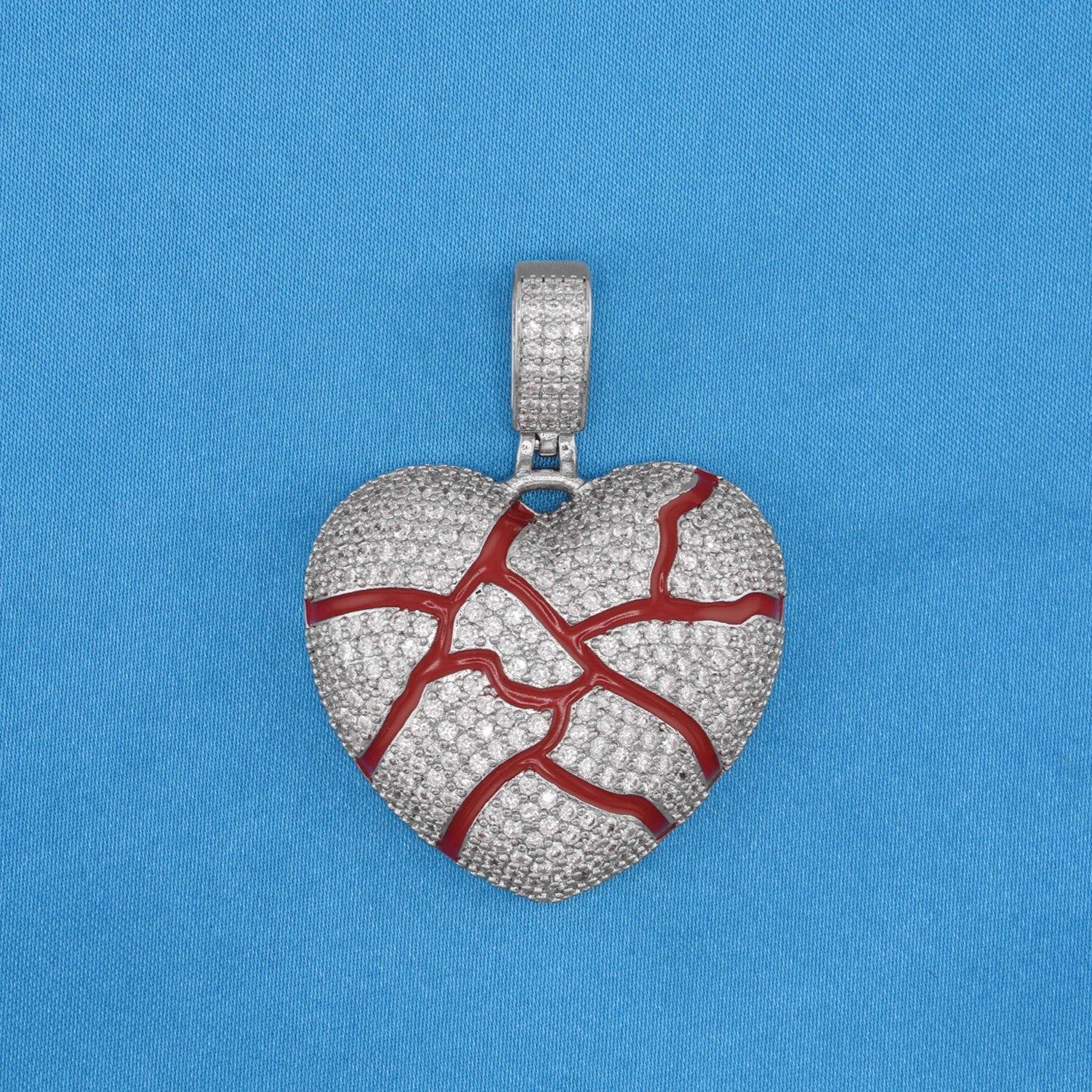 Iced Broken Heart Red Enamel Pendant - White Gold