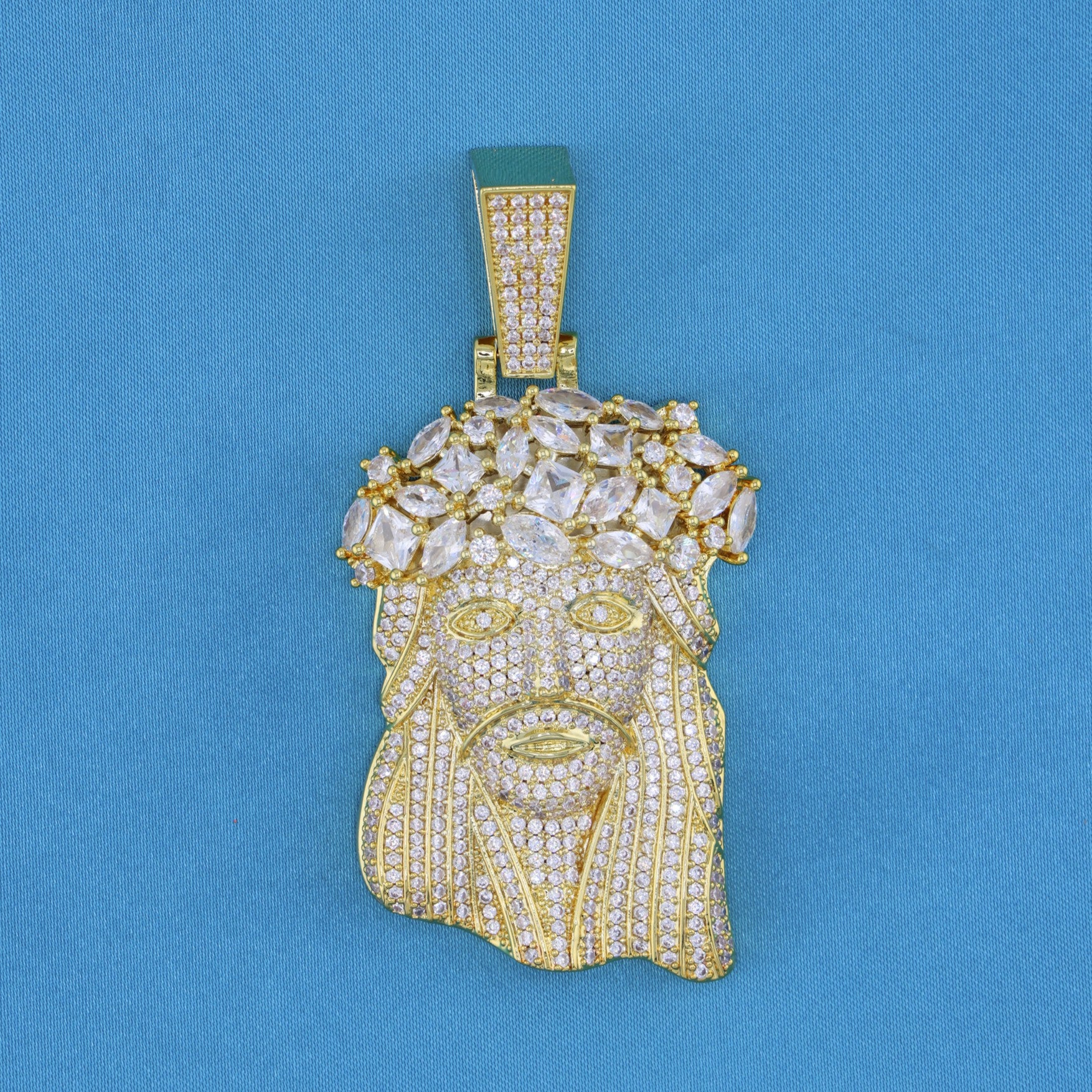 Big Gemstone Jesus Pendant - Gold