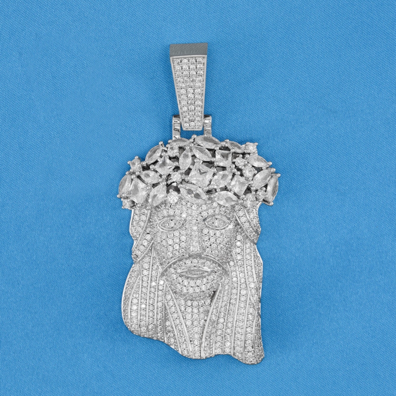 Big Gemstone Jesus Pendant - White Gold