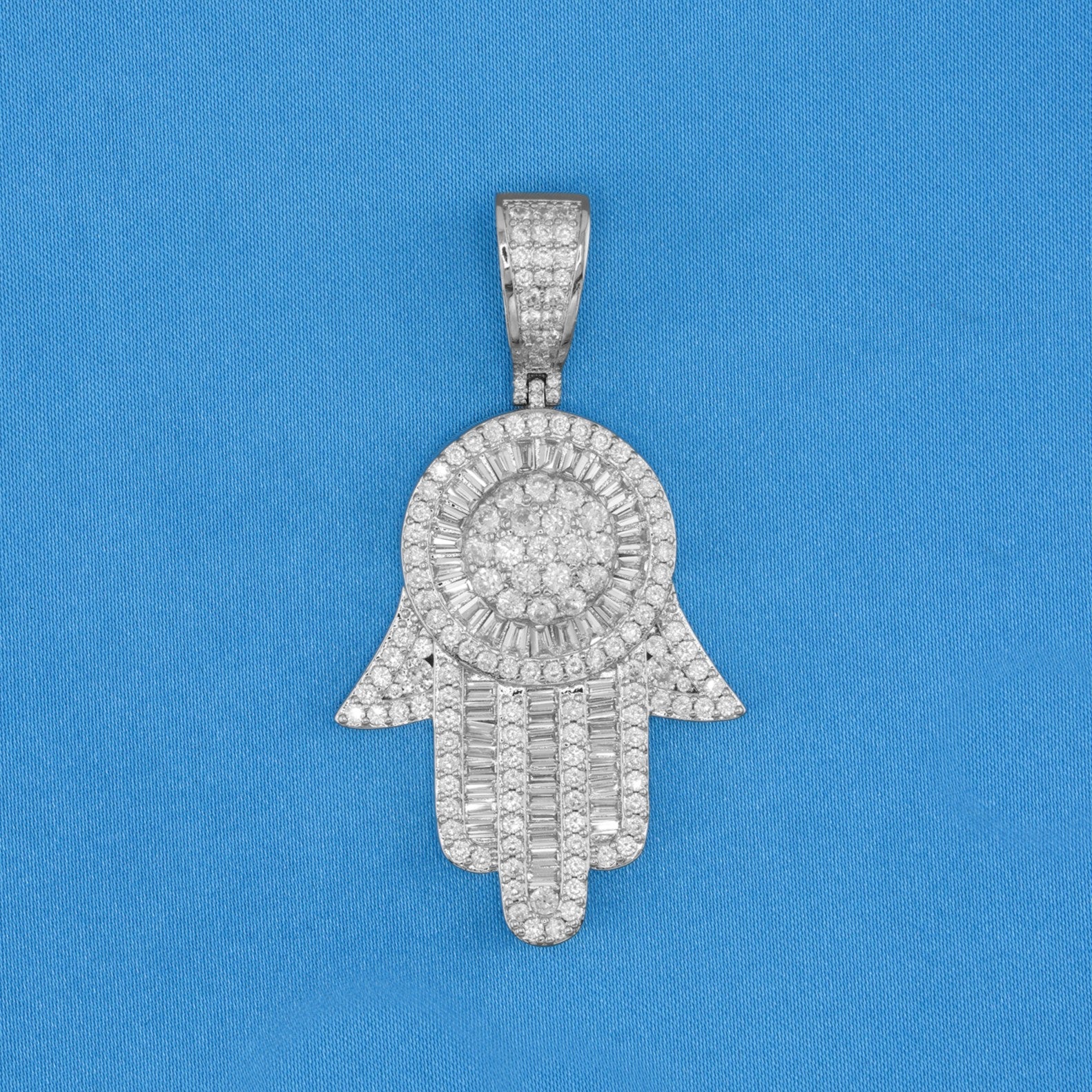 Large Fully Iced out Baguette Hamsah Pendant - White Gold