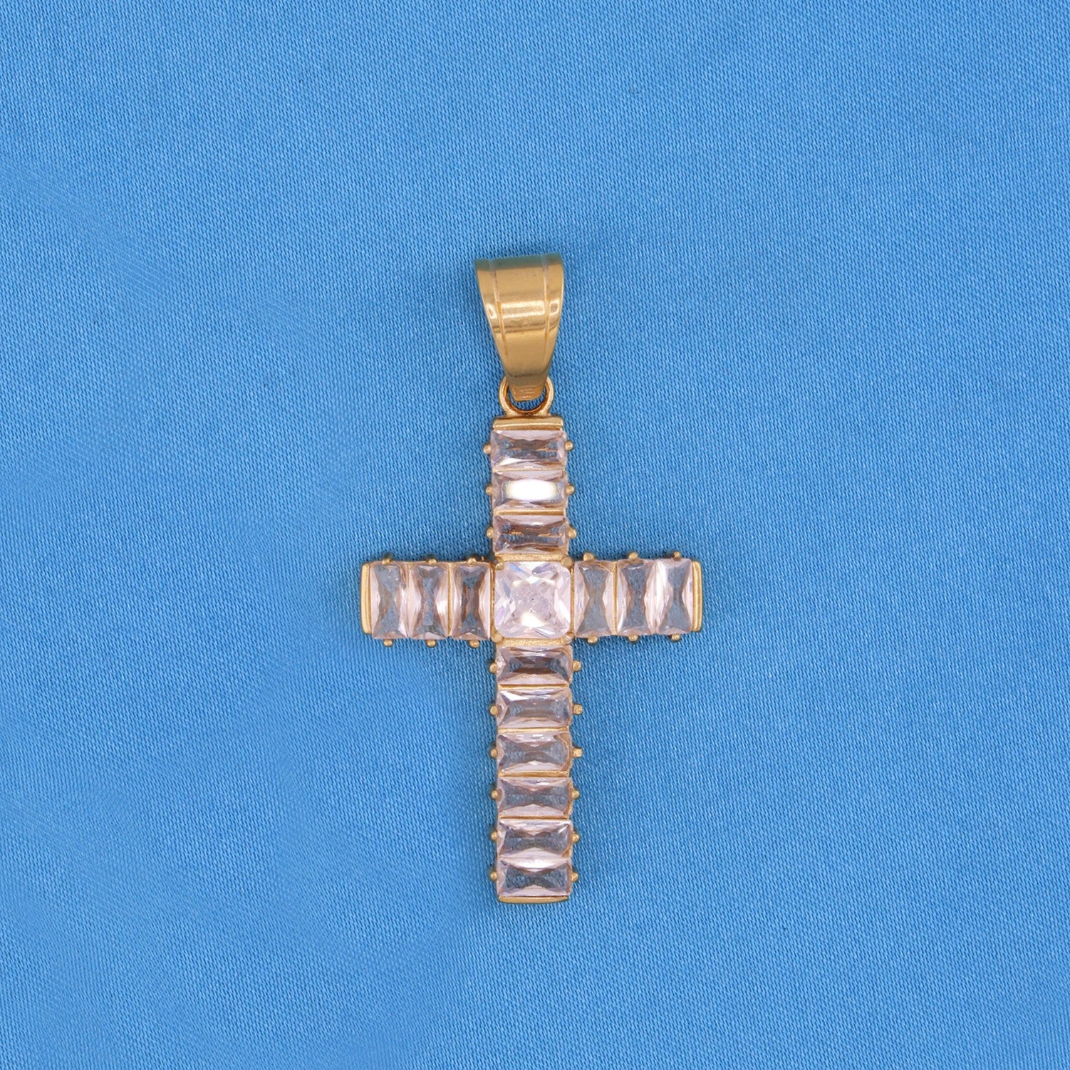 Baguette Cut Cross Pendant - Gold