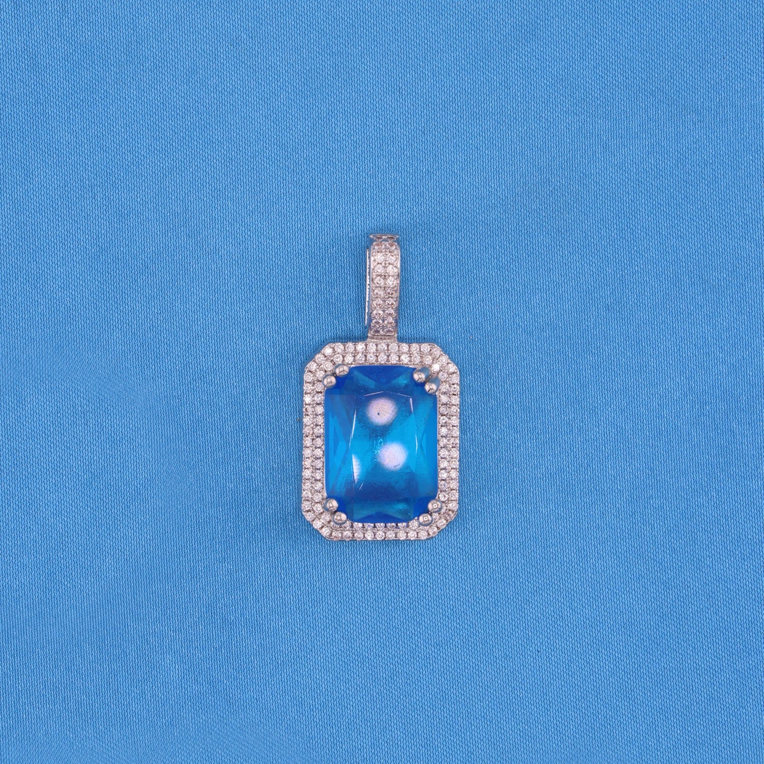 Iced Blue Stone Pendant - White Gold