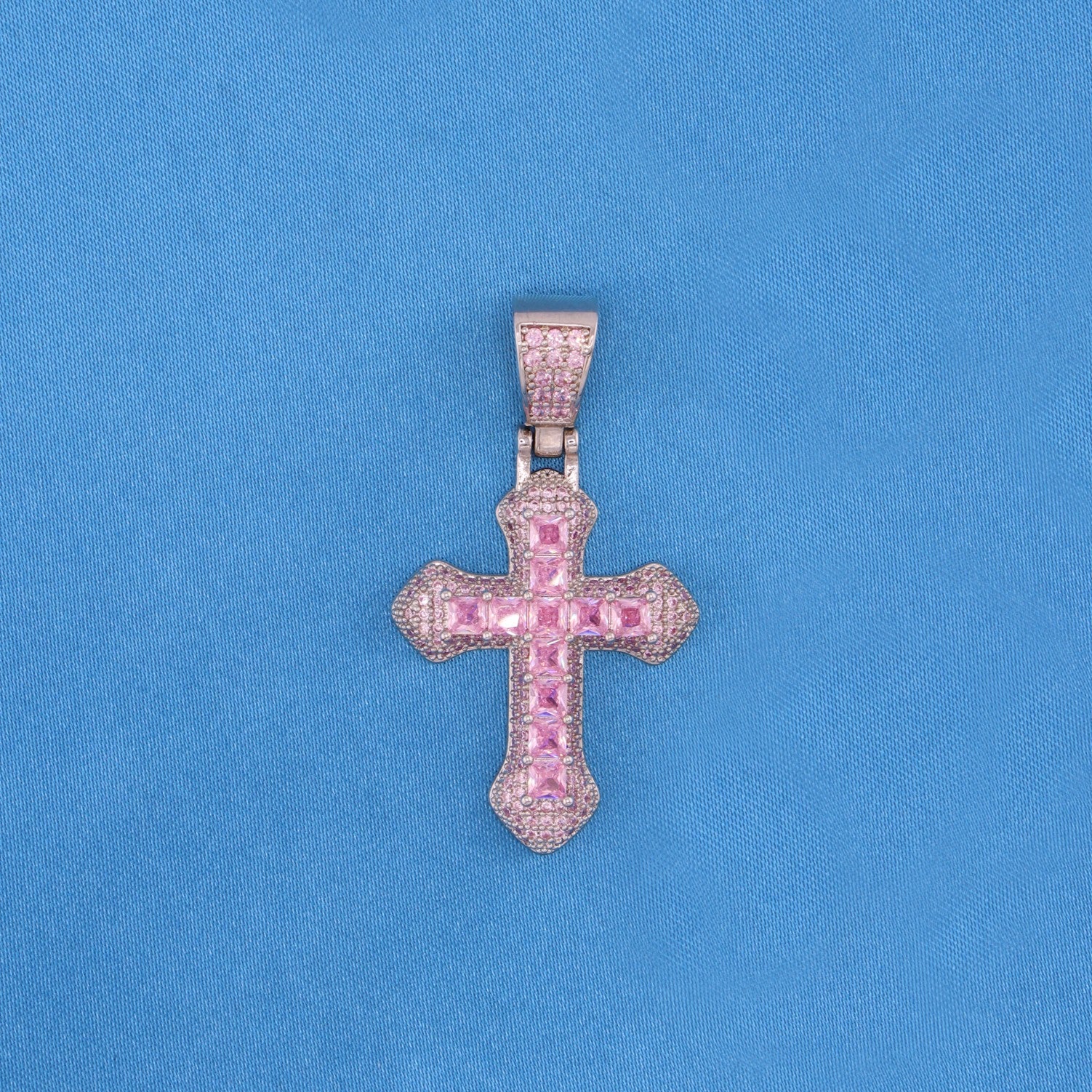 Icy Pink Budded Cross Necklace - White Gold