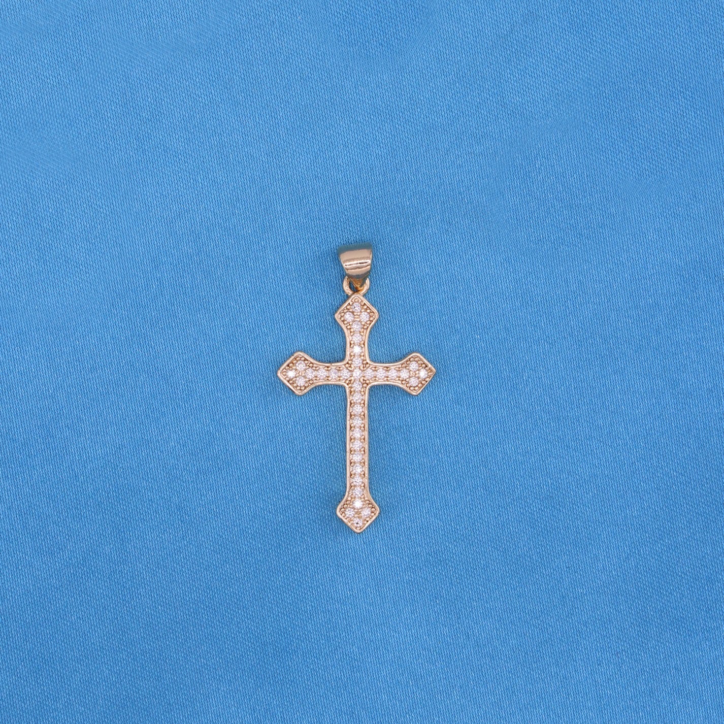 Small Iced Budded Cross Necklace - Gold
