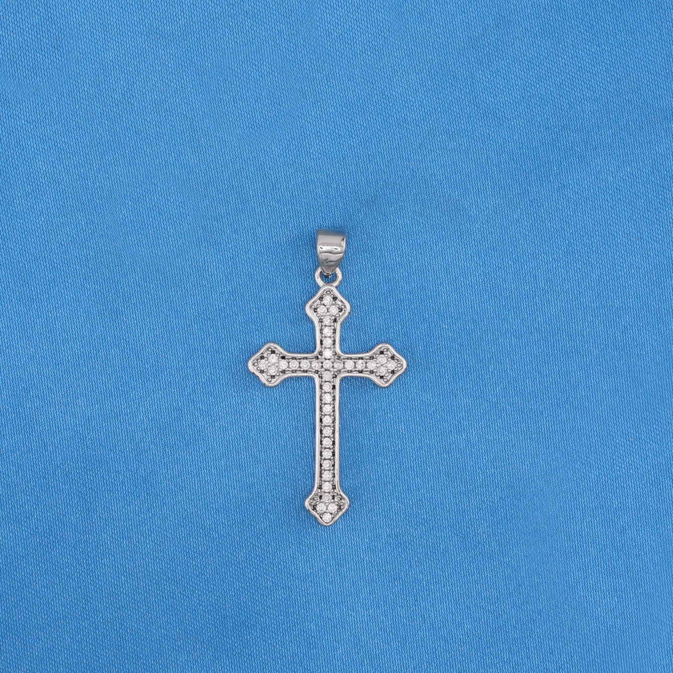 Small Iced Budded Cross Necklace - White Gold