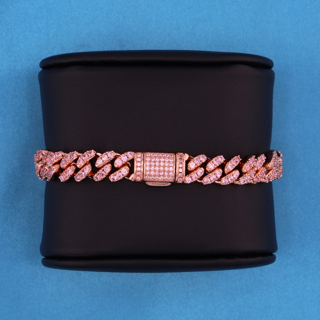8mm Pink Iced Out Cuban Bracelet - Rose Gold