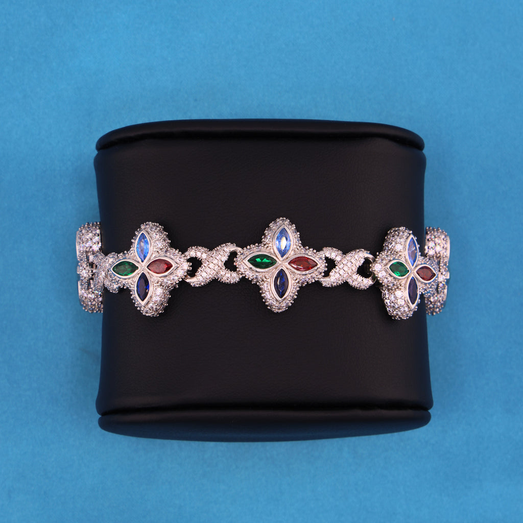 Iced Multi-Color Clover Link Bracelet - White Gold