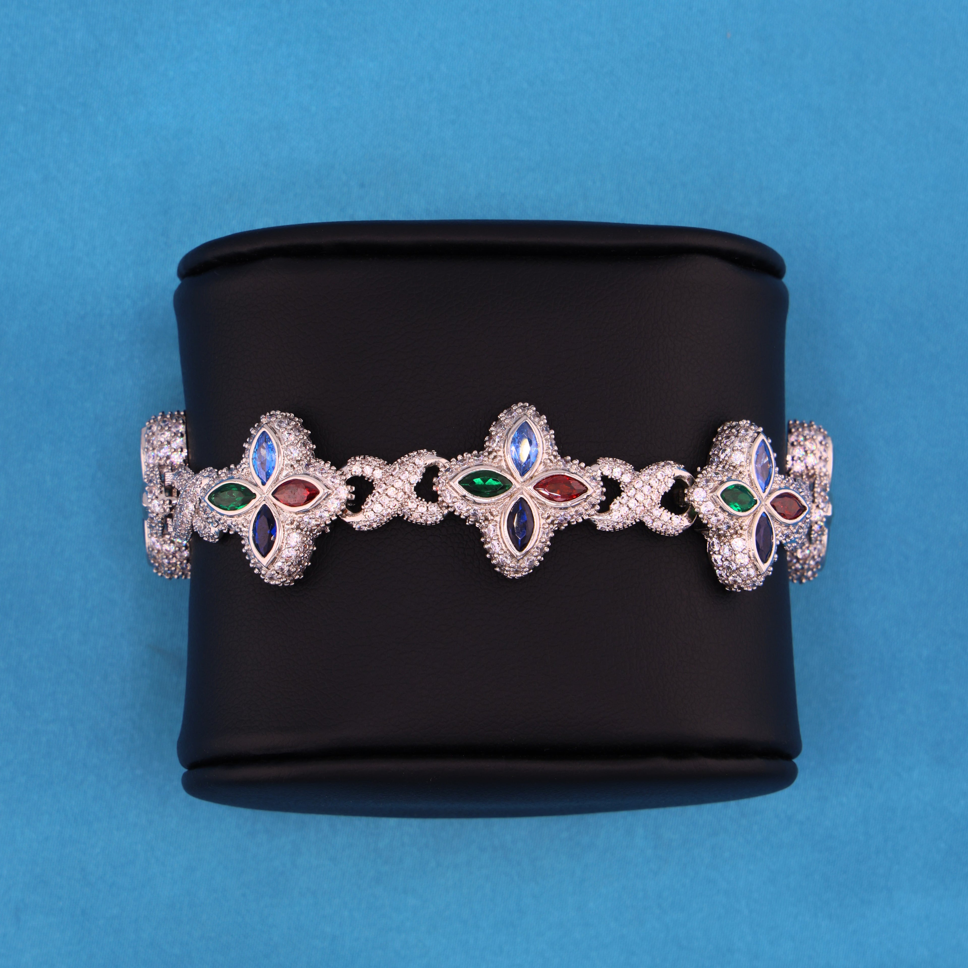 Iced Multi-Color Clover Link Bracelet - White Gold