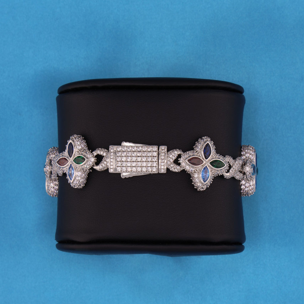 Iced Multi-Color Clover Link Bracelet - White Gold
