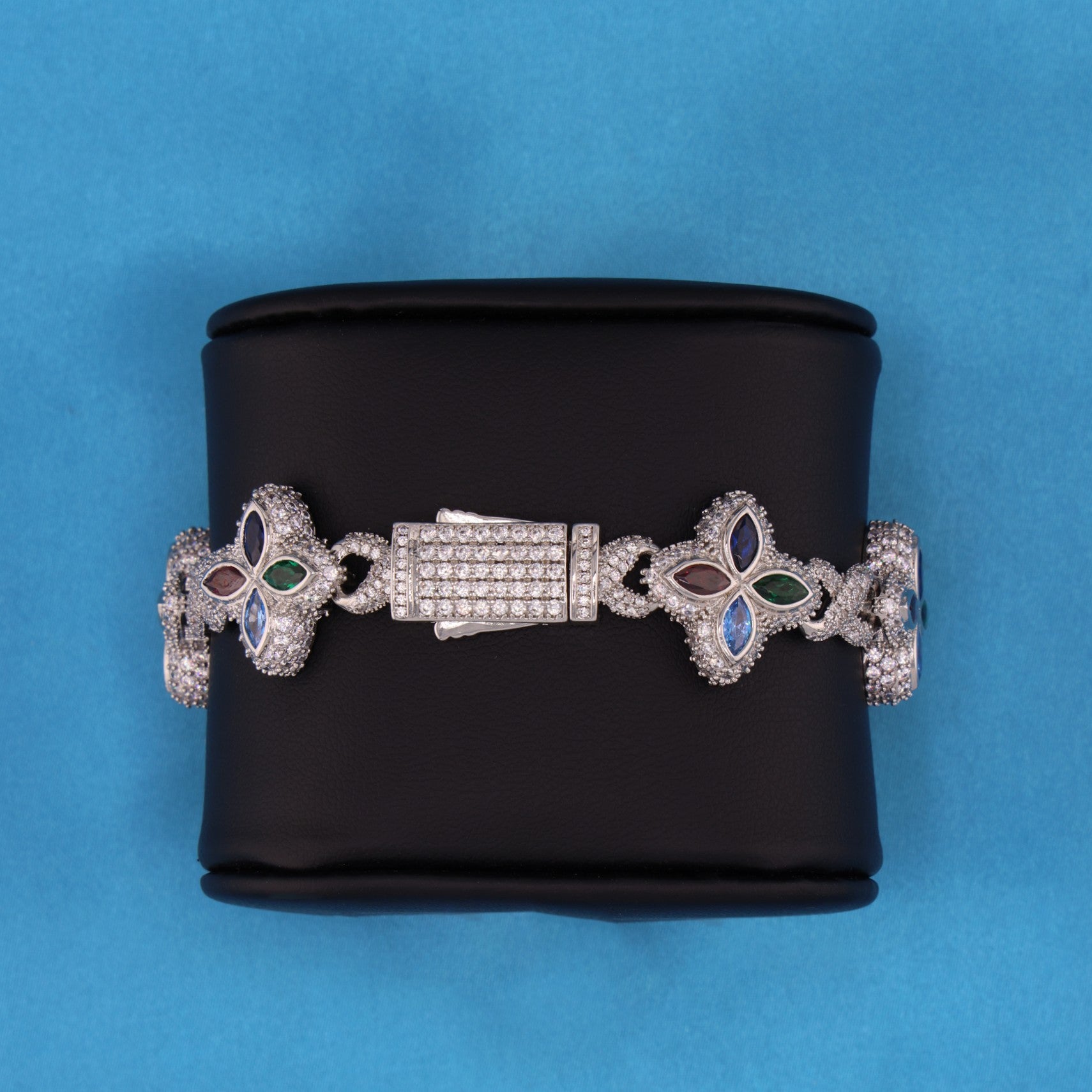 Iced Multi-Color Clover Link Bracelet - White Gold