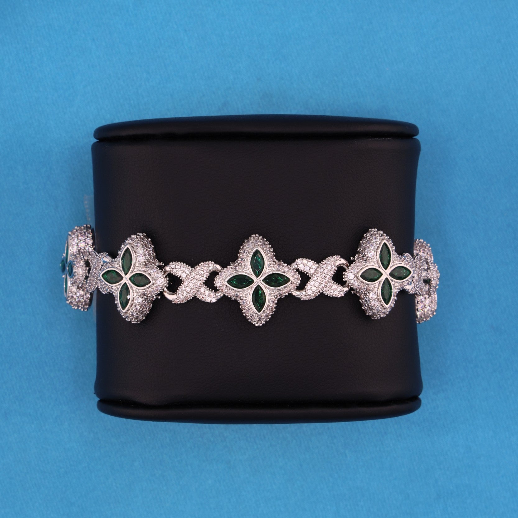 Iced Green Clover Link Bracelet - White Gold