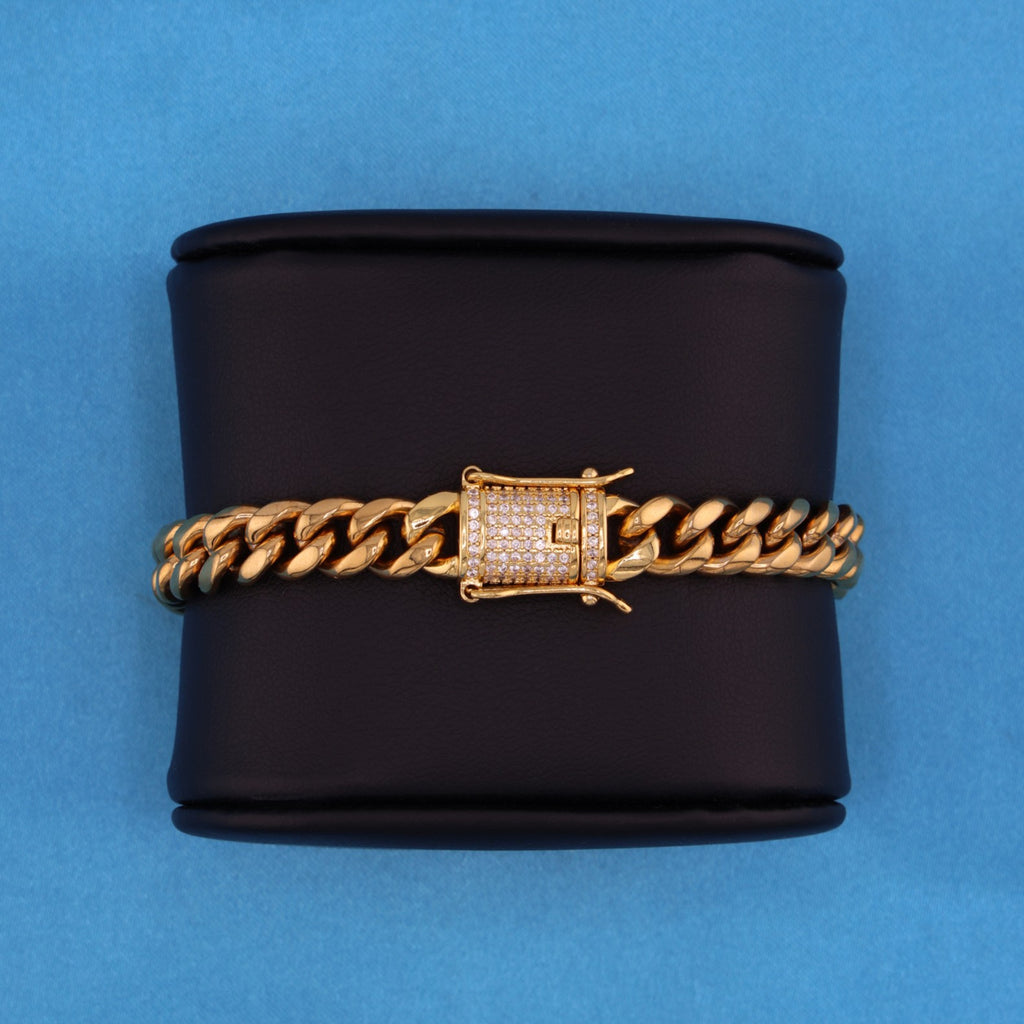 10mm Miami Cuban Bracelet with Iced Out Clasp - Gold