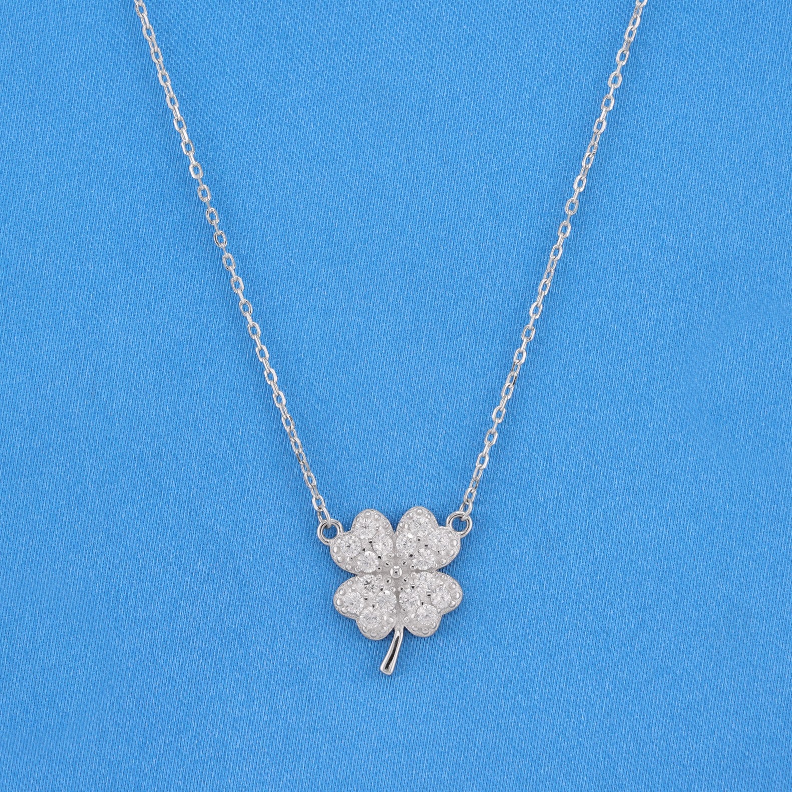 Small Iced Four Leaf Clover Necklace - 925 Silver