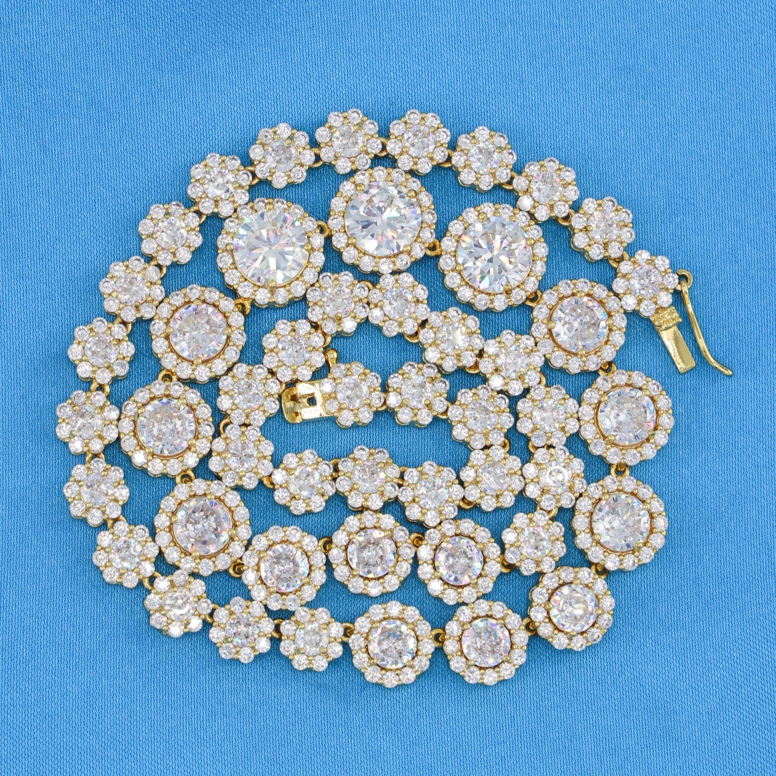 Graduated Round Clustered Tennis Necklace - Gold
