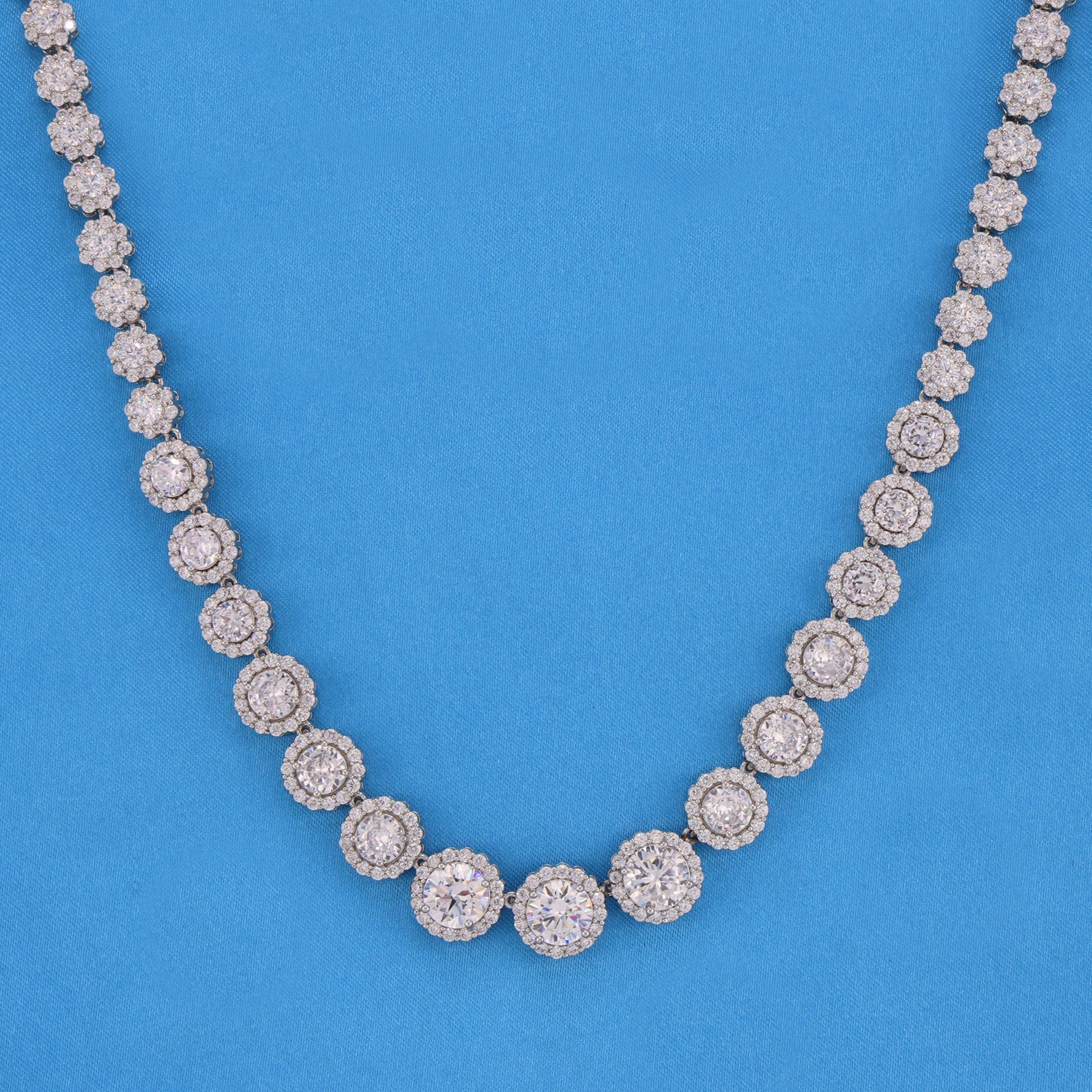 Graduated Round Clustered Tennis Necklace - White Gold