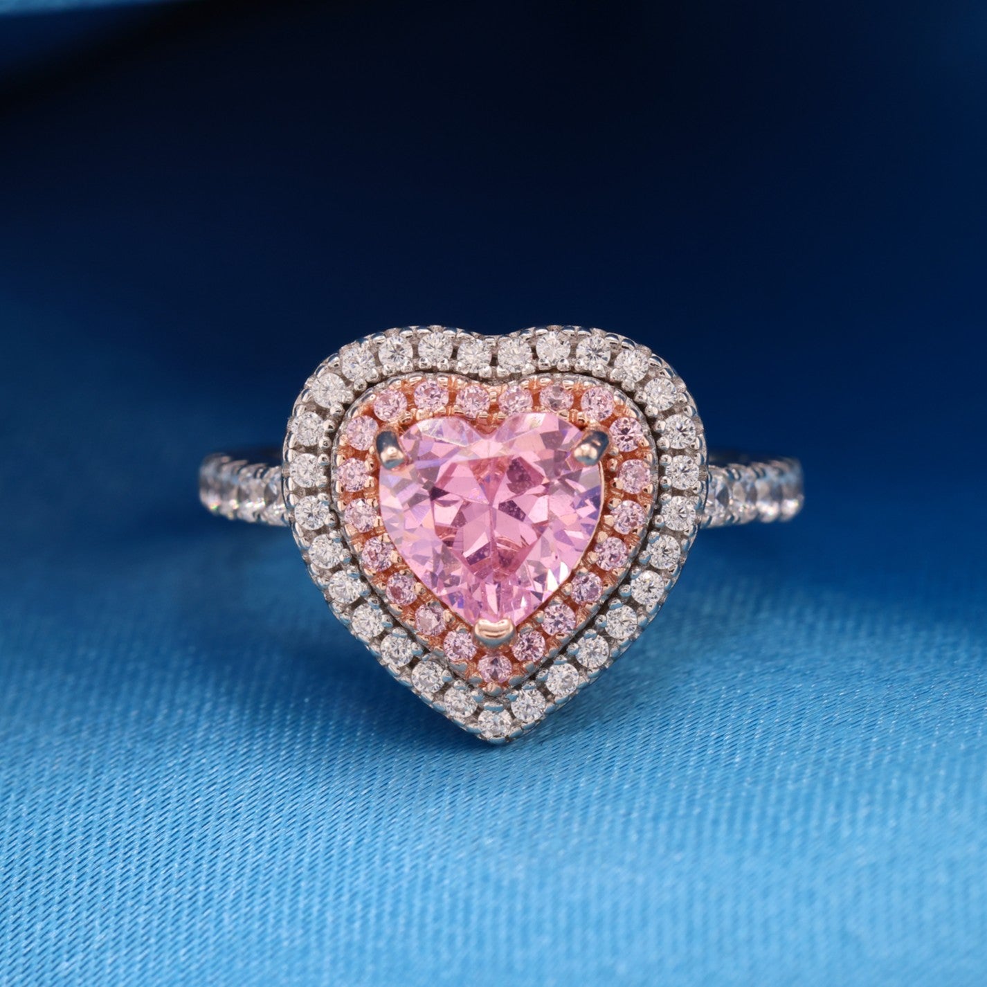 Pink Heart CZ Diamond 2 Tone Ring - 925 Silver