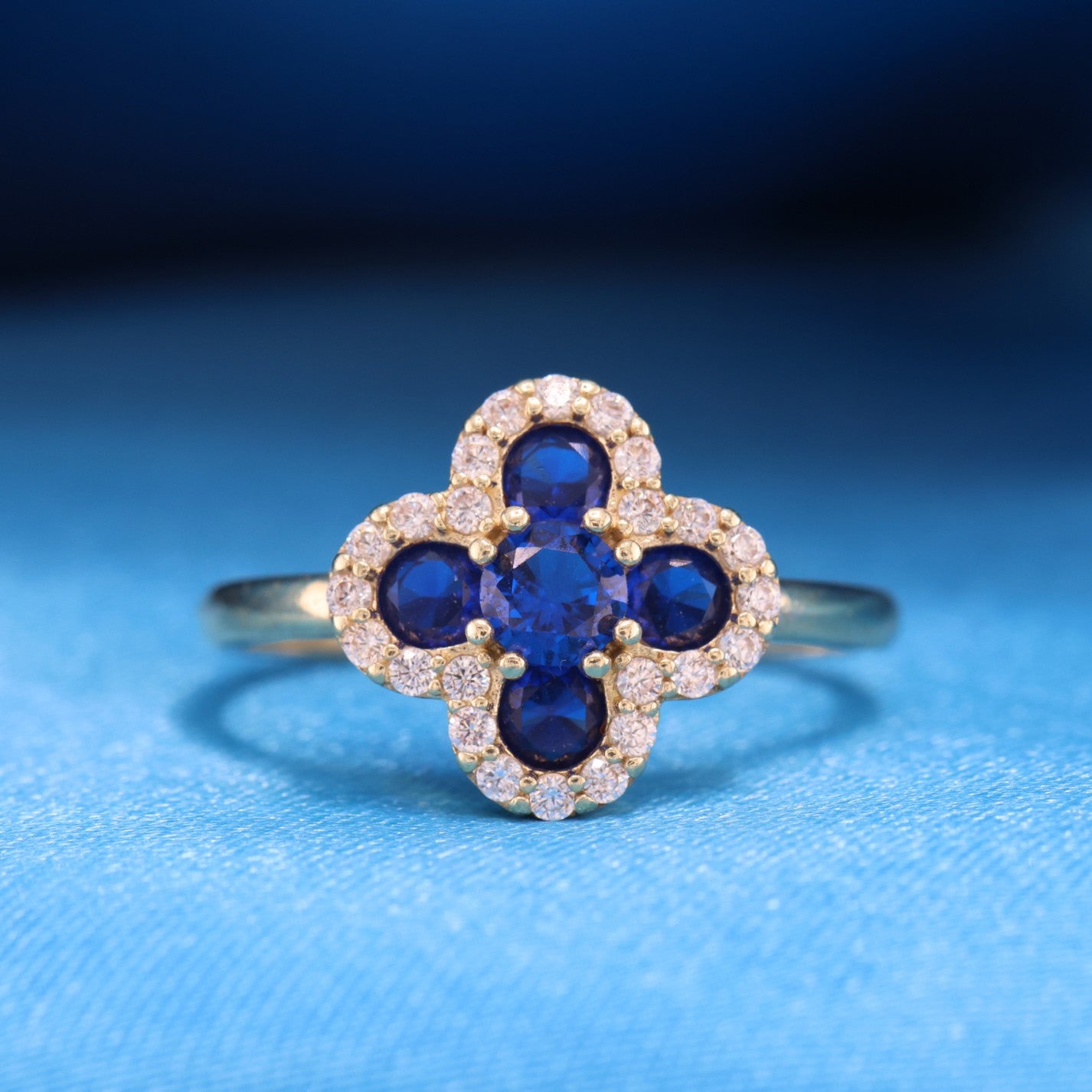 Iced Blue Clover Ring - 14k Gold