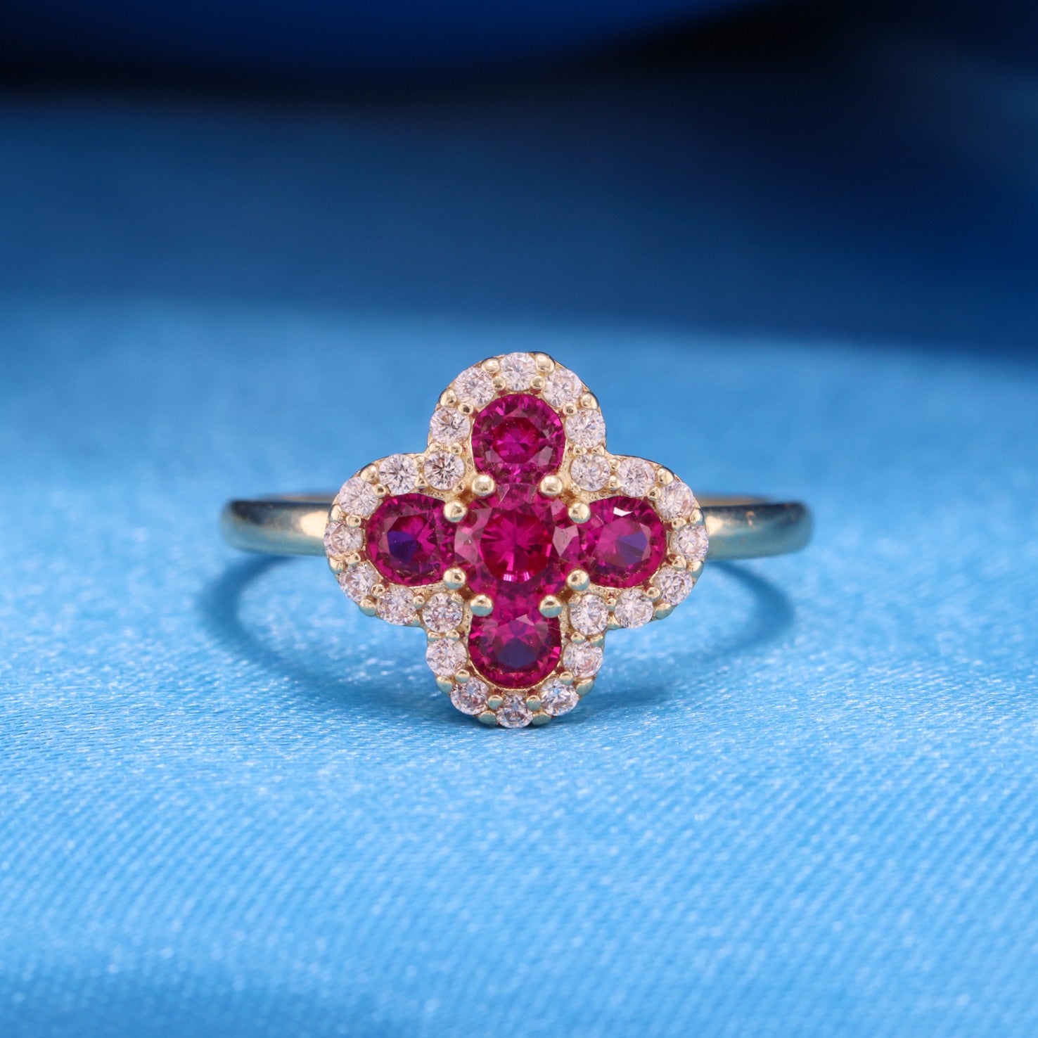 Iced Magenta Clover Ring - 14k Gold