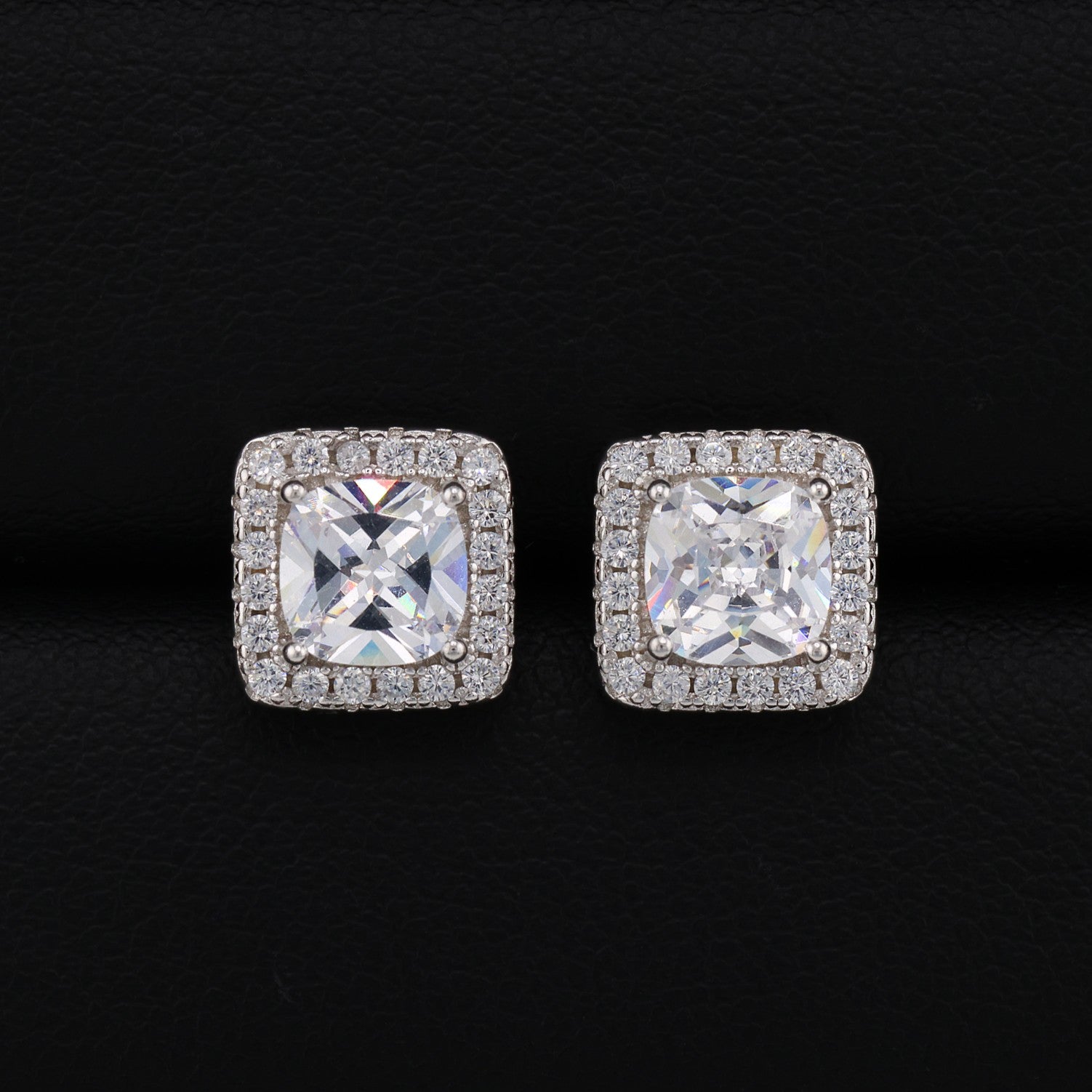 9mm Square Halo Stud Earrings - 925 Silver