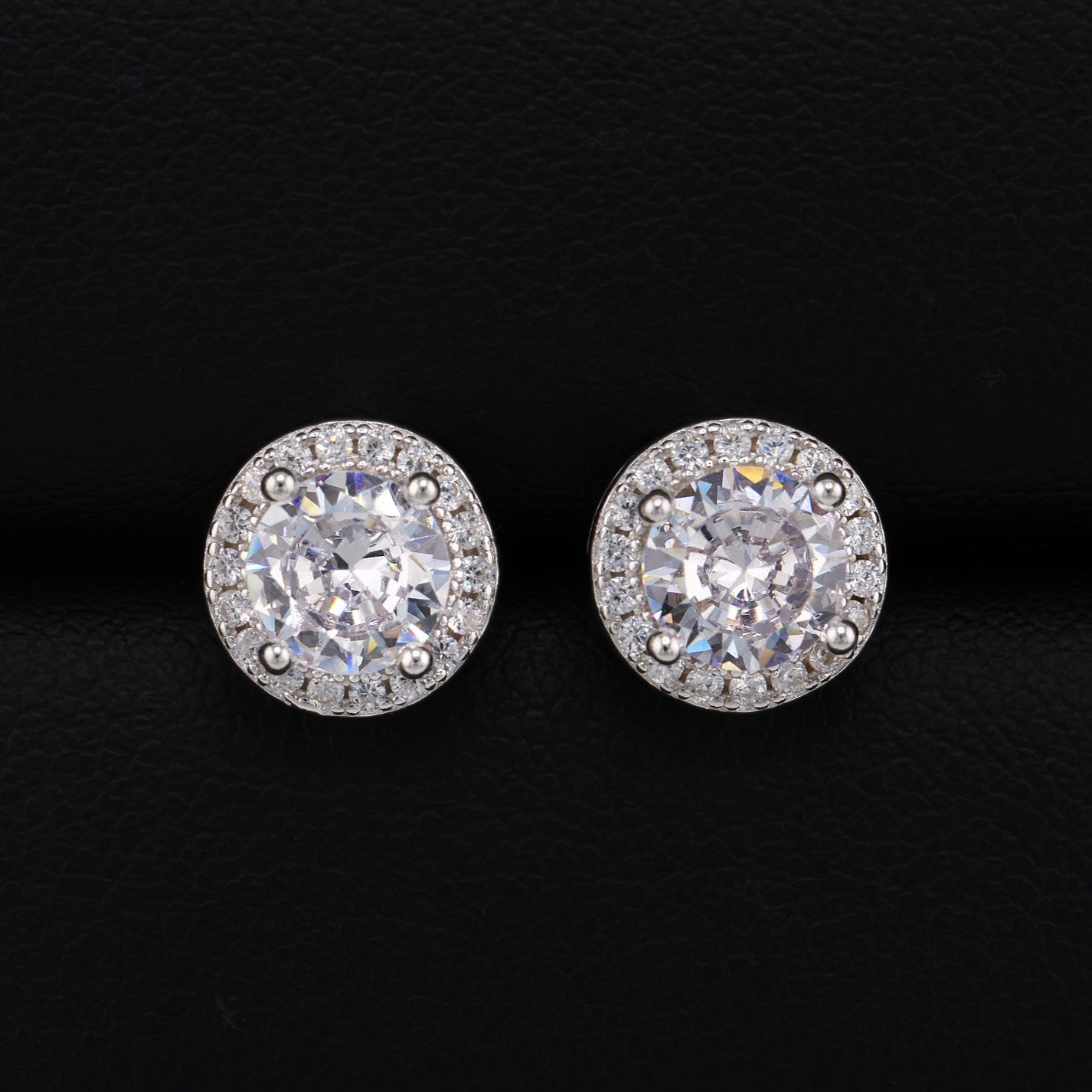 9mm Round Halo Stud Earrings - 925 Silver
