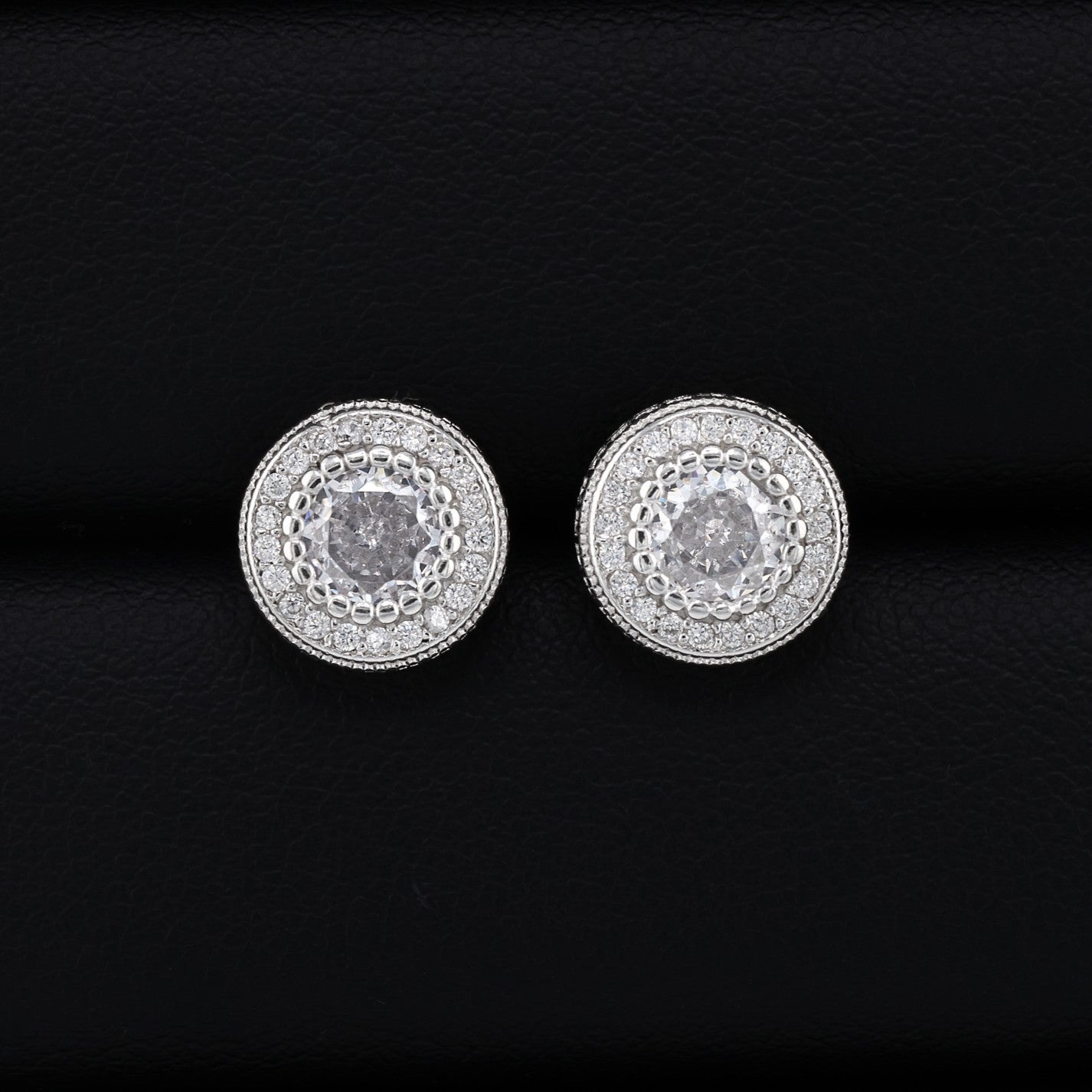 Fully Iced Out Round Halo Stud Earrings - 925 Silver
