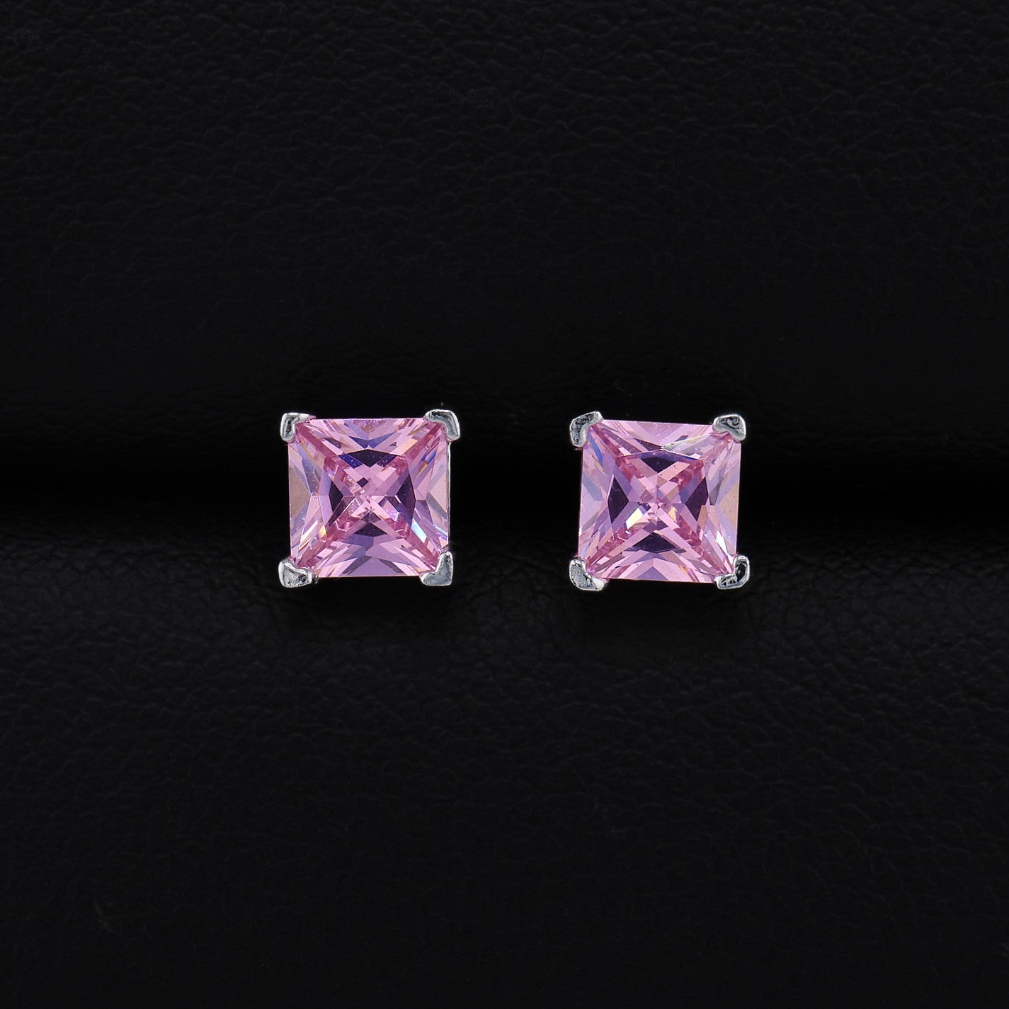 5mm Square Cut Pink CZ Stud Earrings - 925 Silver