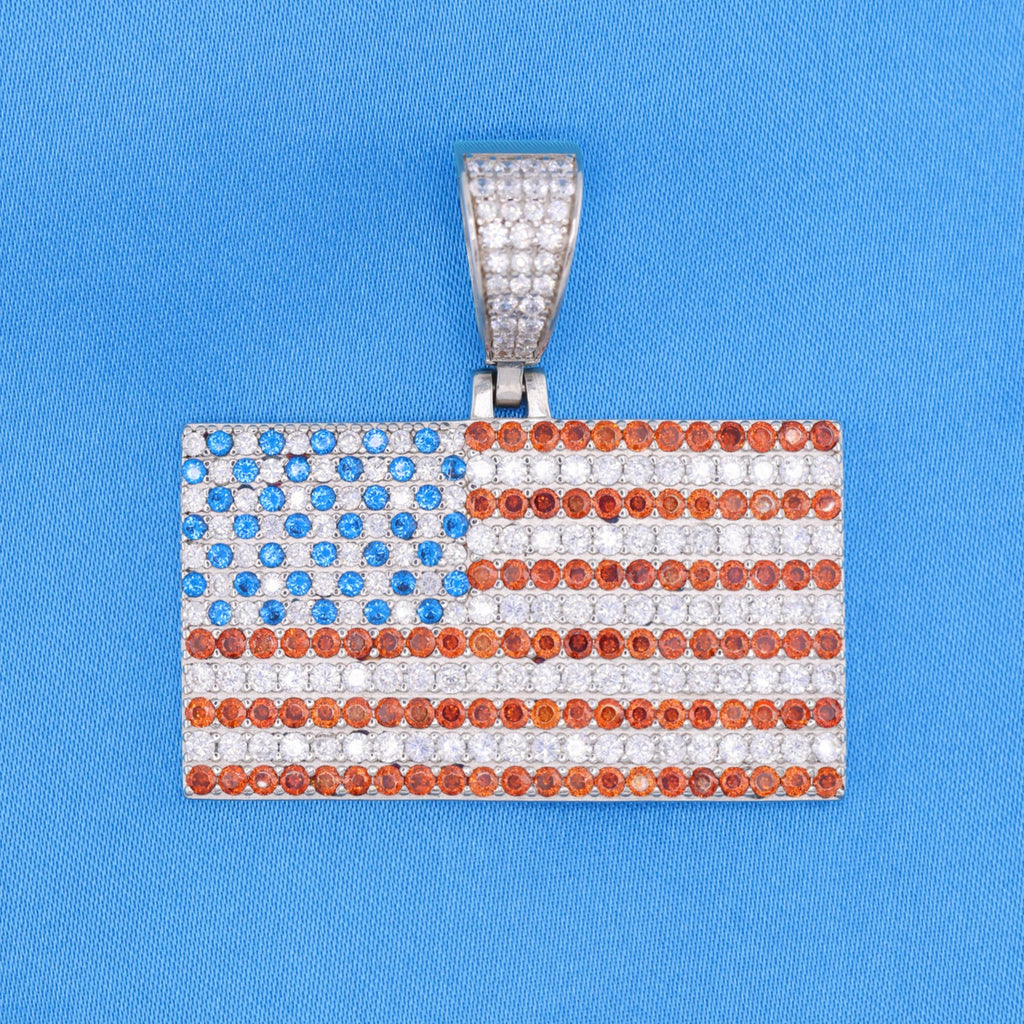 Iced Out USA Flag Pendant - 925 Silver