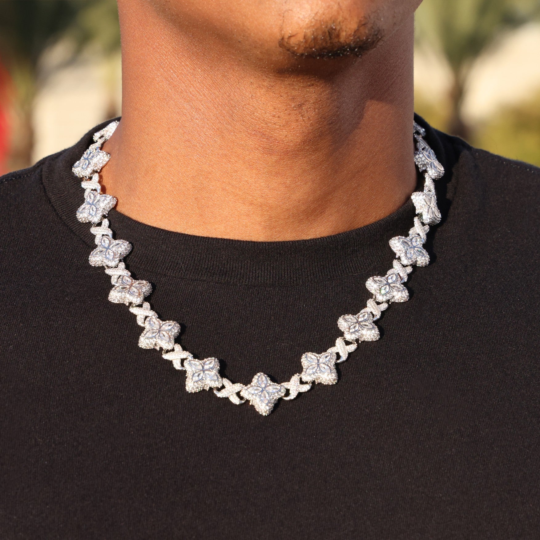 Iced Clover Link Chain - White Gold