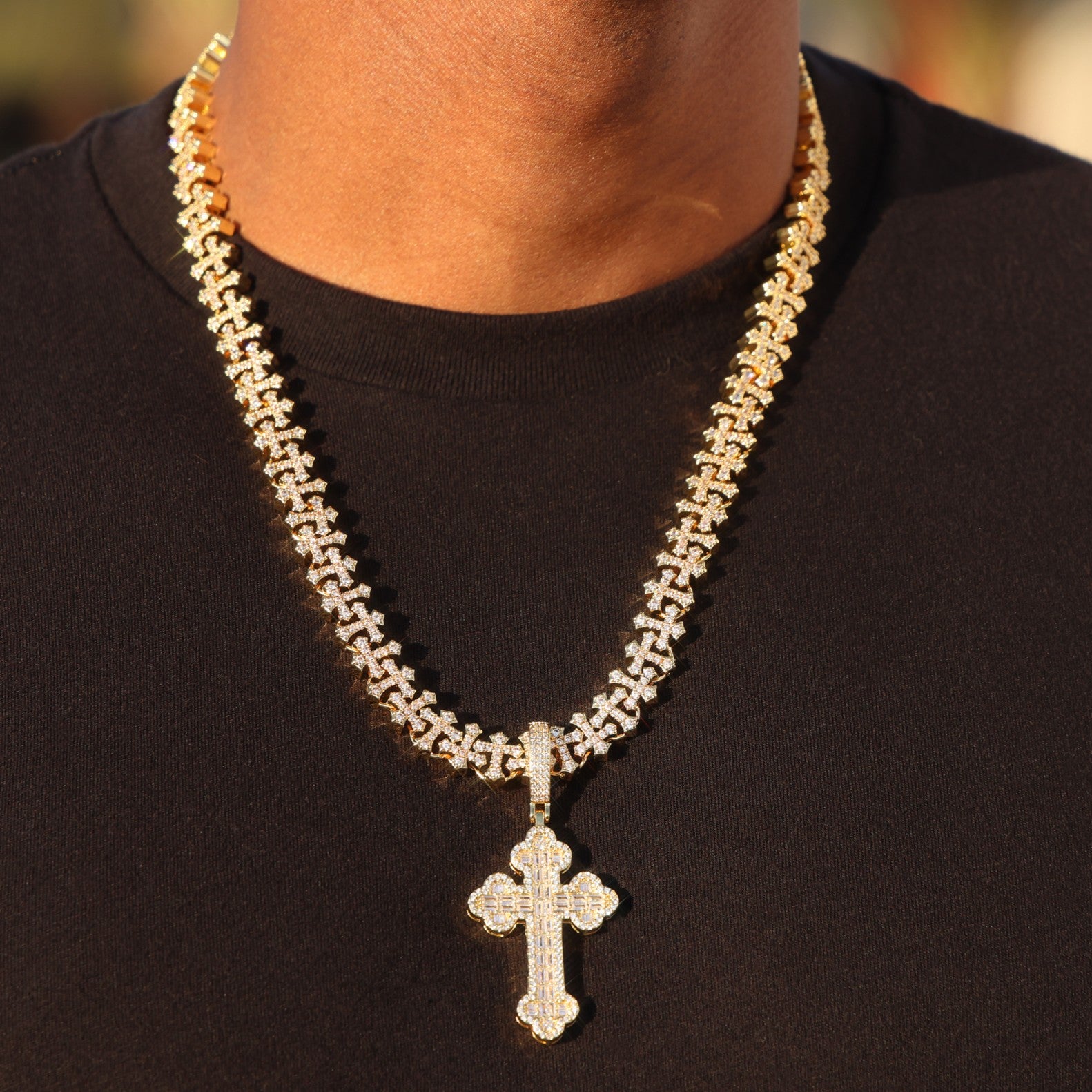 Iced Baguette Budded Cross Pendant - Gold