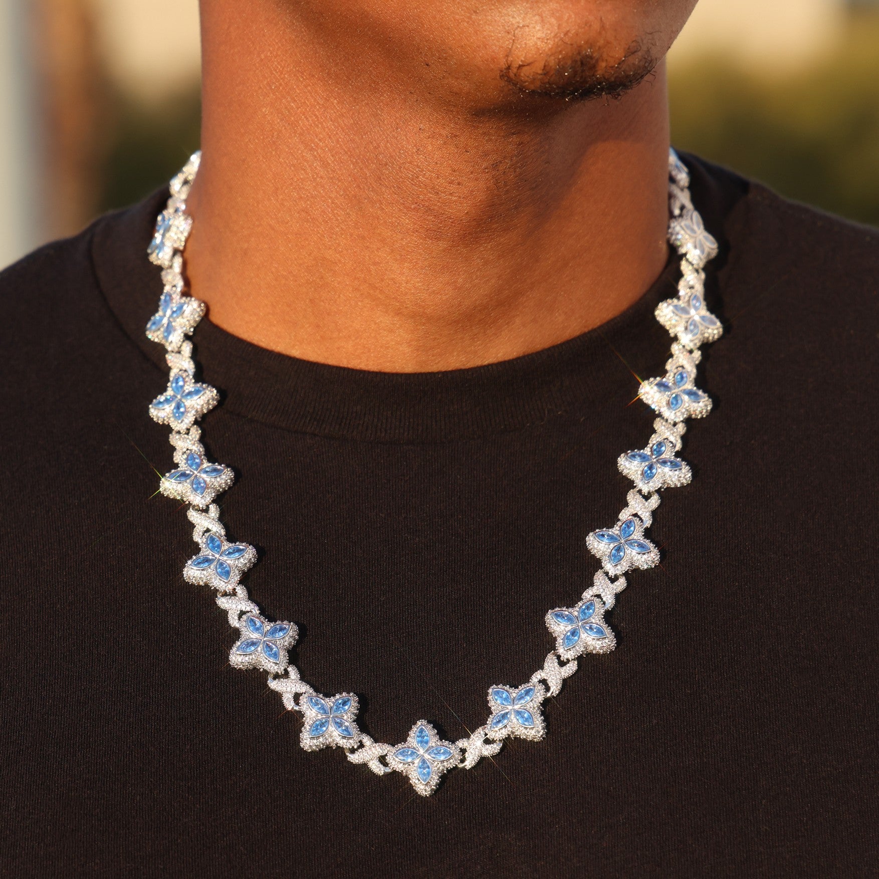 Iced Aqua Blue Clover Link Chain - White Gold