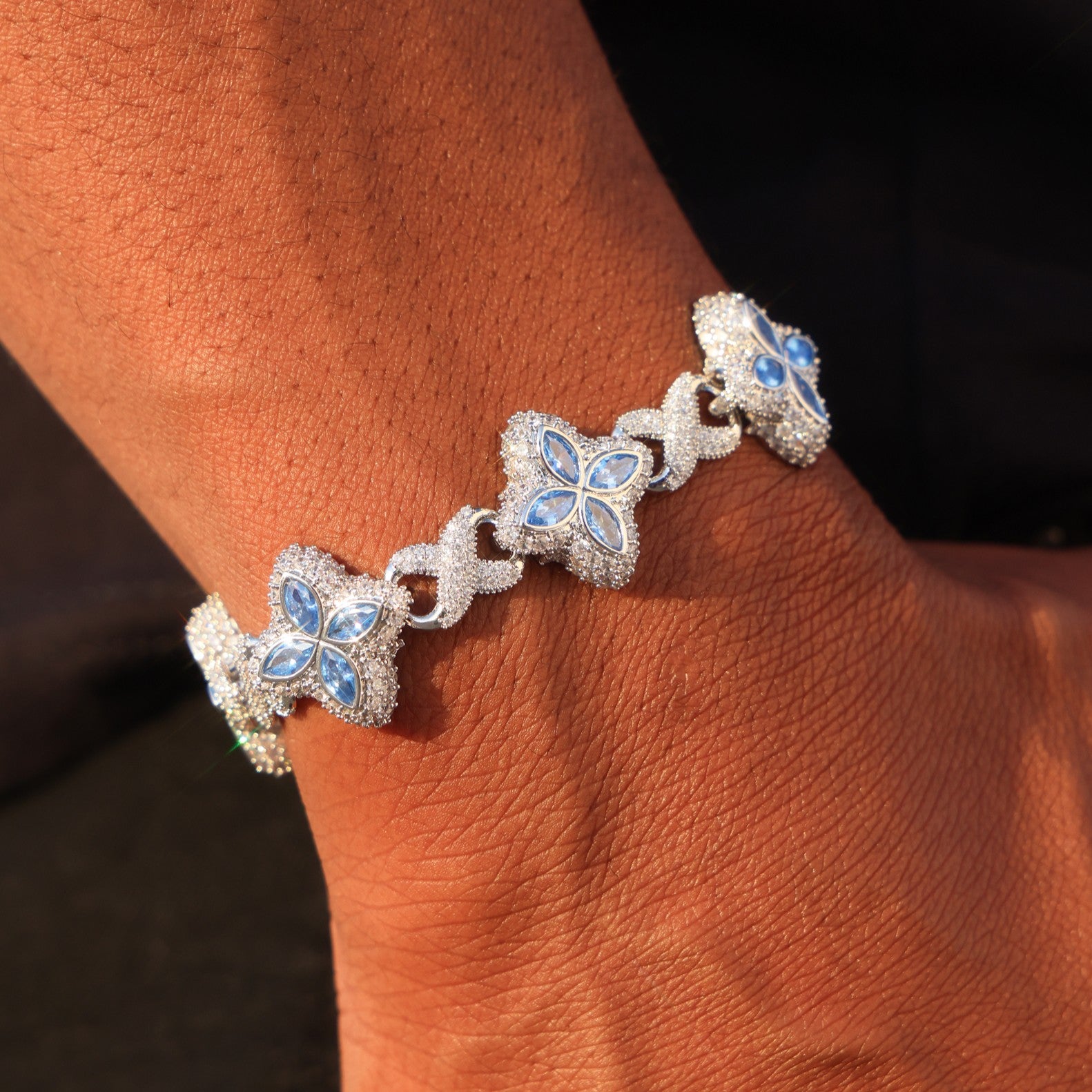 Iced Aqua Blue Clover Link Bracelet - White Gold