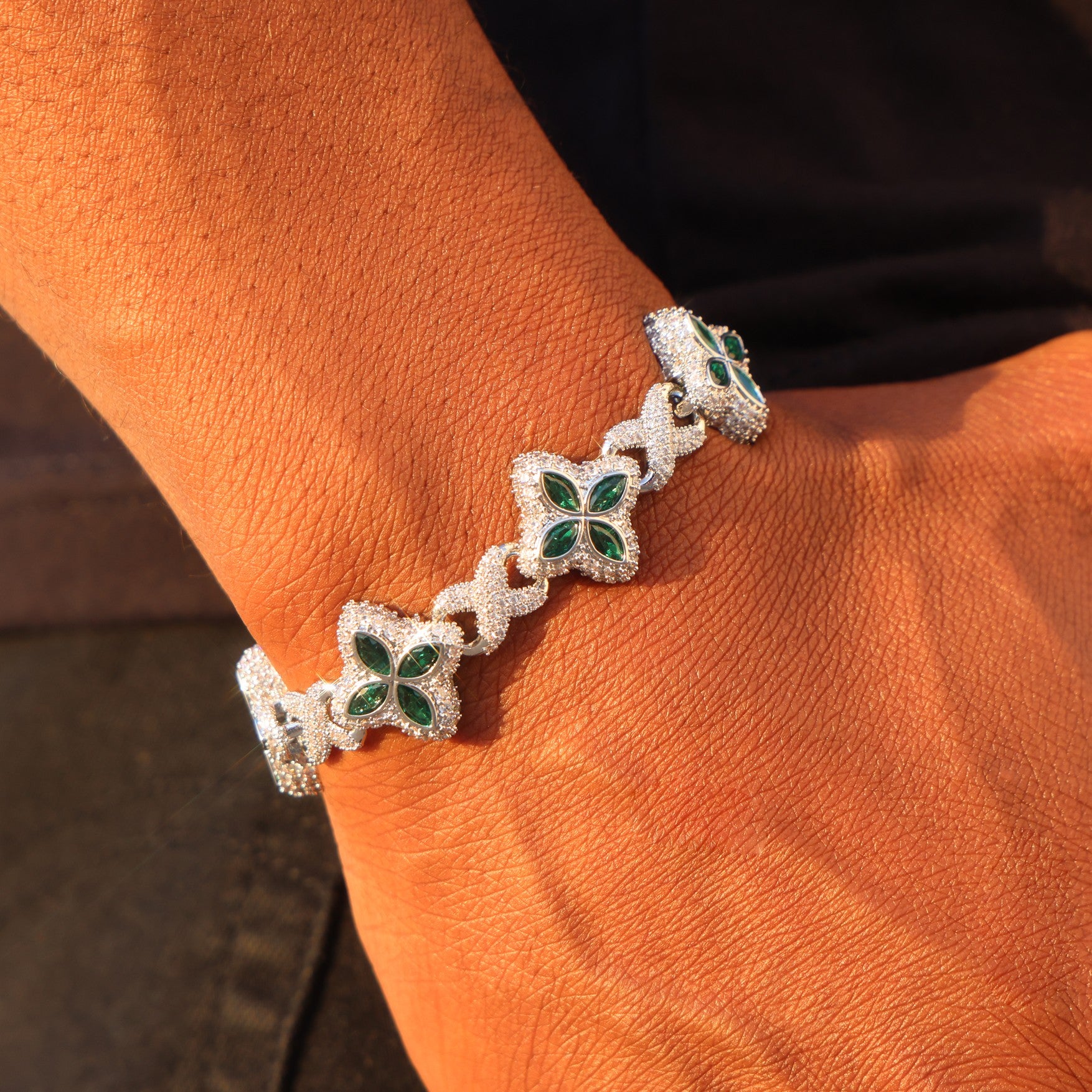 Iced Green Clover Link Bracelet - White Gold